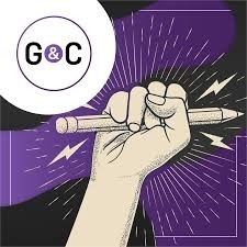 G&C on a black an purple background with a hand grasping a pencil